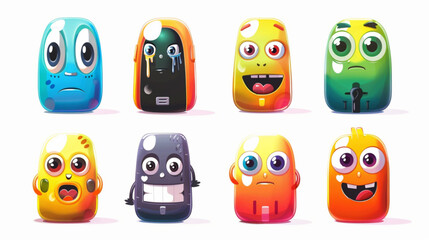 Cartoon mascot phone. Constructor phone character mobile smartphone. Smart mobile gadget with faces, funny eyes, smiling mouth. Cellphone poses vector set 3D avatars set vector icon, white background,