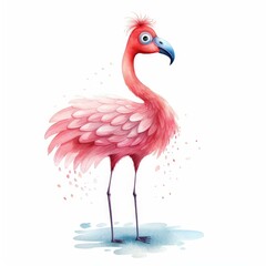 Fototapeta premium Whimsical watercolor flamingo with fluffy features and polka dots, isolated on white, Ai Generated