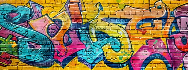 Obraz premium Graffiti street art design with colorful letters on a yellow brick wall background.