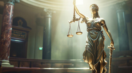 Full length statue of Lady Justice in the rays of the sun against the backdrop of the courtroom with copy space
