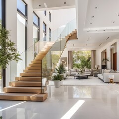 Interior design of modern entrance hall with staircase in villa