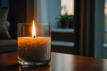 Warm Evening Ambiance with a Lit Scented Candle on a Wooden Table Near a Window
