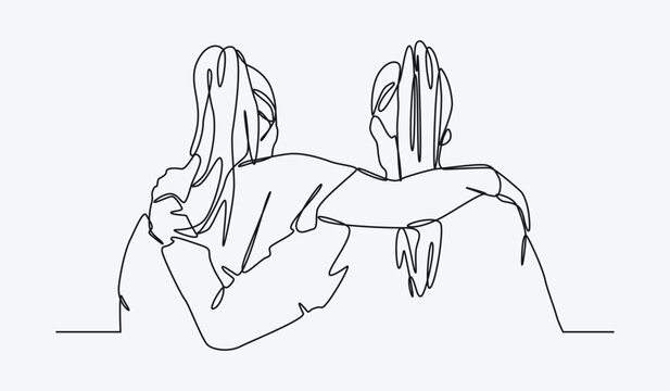 recommend clip art: two women embracing each other. back view. concept of friendship, relationship, best friend. editable stroke. continuous line drawing style illustration.