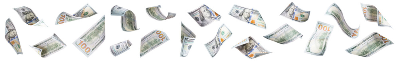 Set of Twenty Falling or Floating $100 Bills Isolated on Empty Background. Transparent PNG.