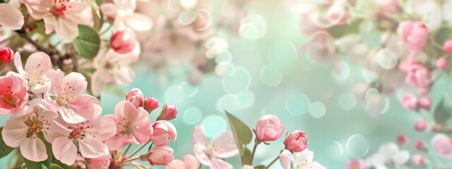 spring apple blossoms on a pastel background banner, in pink and mint green colors.