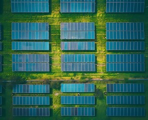 Aerial view of a solar power plant with blue panels on a green field