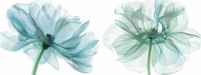 A light blue and green transparent x-ray of two flowers.