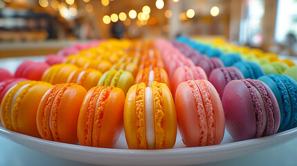 Closeup of multicolored macaroons on a white ceramic plate