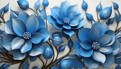 Blue 3D flowers on a white background in oil paint style