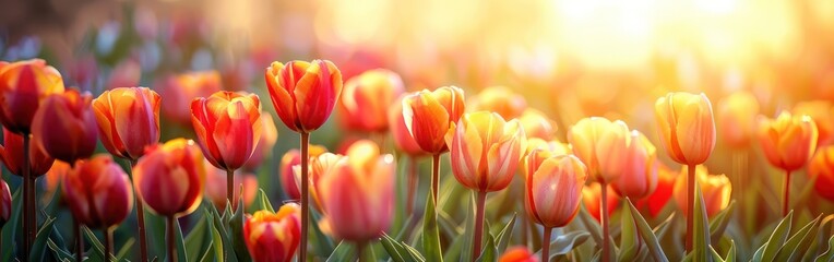 Springtime Glory: Panoramic Tulip Field in Yellow, Orange, and Red, Illuminated by the Sun - Banner Panorama