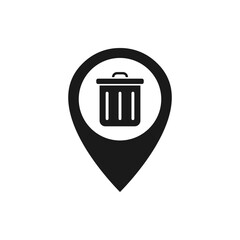 Maps pin with trashcan. Trash marker, littering zone icon flat style isolated on white background. Vector illustration