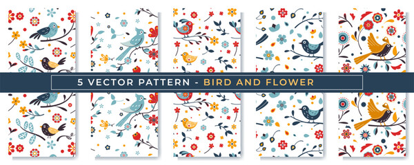 5 Cute seamless pattern with birds and flowers, colorful, suitable for cover patterns. 5 pack pattern.