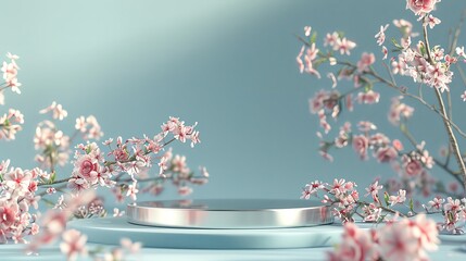 3d rendering of nature background with empty silver podium and pink flowers for product presentation, mock up scene for cosmetic products, perfume or beauty packaging on blue green background. Nature
