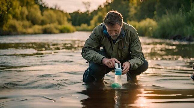 Biologin untersucht die Wasserqualit&auml;t eines Flusses