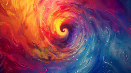 Dynamic swirls and spirals of vivid colors in the background.