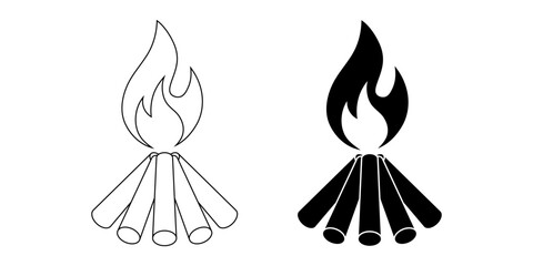 outline silhouette bonfire camping icon set isolated on white background