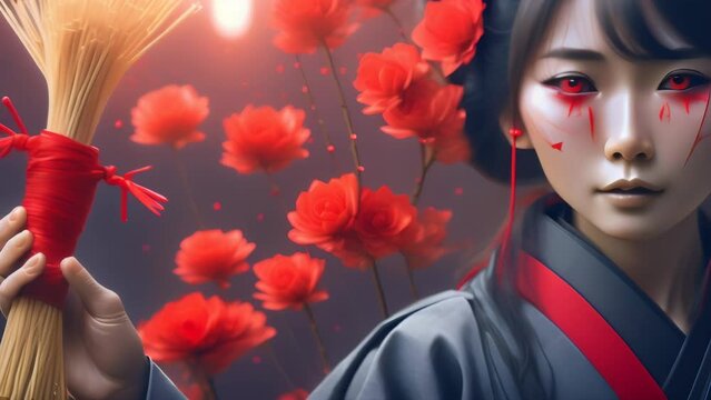 A young woman with striking red eyes and face paint holds a broom adorned with red string. A spiky ball dangles ominously, while red poppies bloom in the background. 