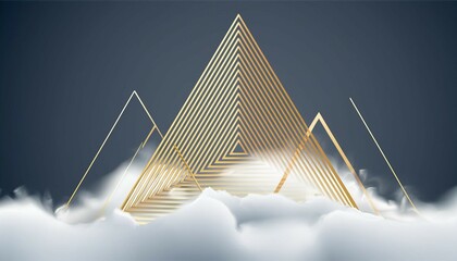 3d render, abstract geometric background of gold linear triangle inside the white cloud, floating...