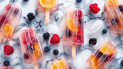 A colorful rectangle of natural foods art, featuring a dish of popsicles made with strawberries and blueberries as key ingredients in a refreshing peach cuisine recipe AIG50