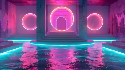 Futuristic Neon Lit Minimalist Stage with Seapunk Ambiance and Turquoise Reflections