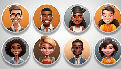 3d render, people avatar collection. Set of round stickers with cartoon character faces, user id thumbnail, modern icons for social account design. Portrait circles isolated on white background