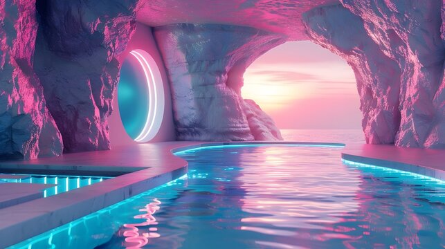 Futuristic Neon Lit Seapunk Oasis in Minimalist Cave Interior with Glowing Pool and Vibrant Reflections