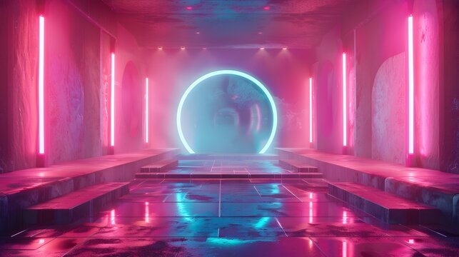 Futuristic Neon Lit Minimalist Stage with Reflective Turquoise and Magenta Tones