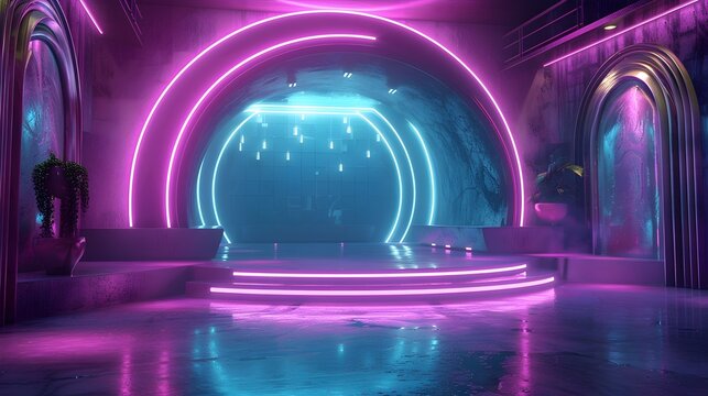 Futuristic Neon Lit Minimalist Stage with Turquoise and Magenta Lighting and Glossy Reflective Surfaces