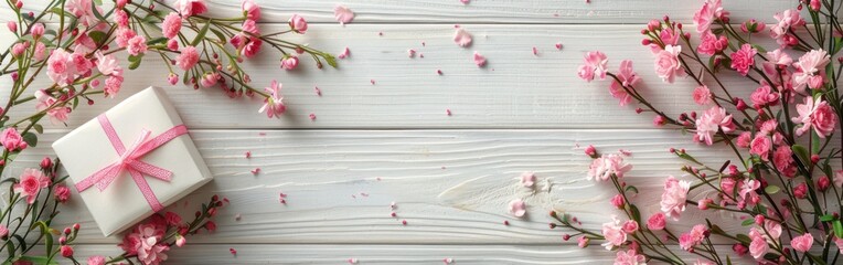 Mother's Day Gift on White Wooden Table with Pink Flowers