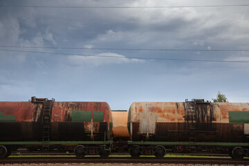 Selective blur on russian train tank cars & wagons containing gas & oil imported from russia, on...