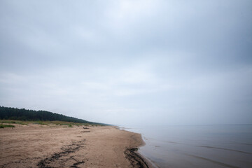 Selective blur on the Panorama of the Garciems beach (Garciema Pludmale) in Latvia, on baltic sea, on a foggy afternoon. Garciems is a sea resort in baltic states.