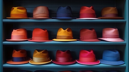 The vintage style hats in variety of colors display on a shelf