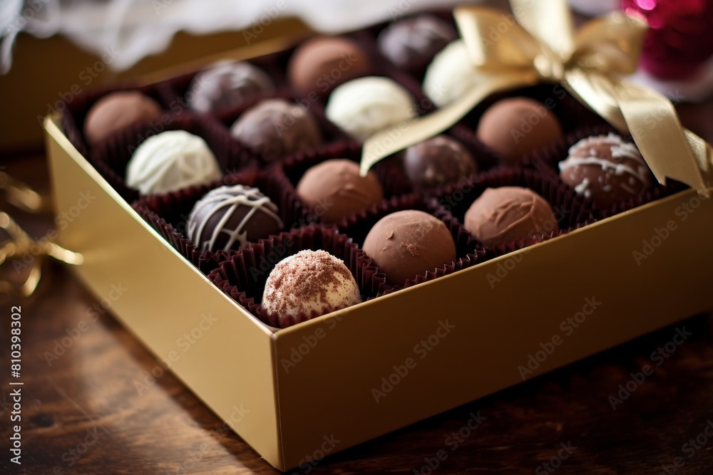 Wall mural Assorted chocolate truffles in a golden gift box