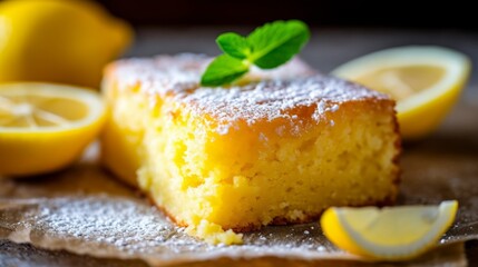 Delicious lemon cake with powdered sugar and mint garnish