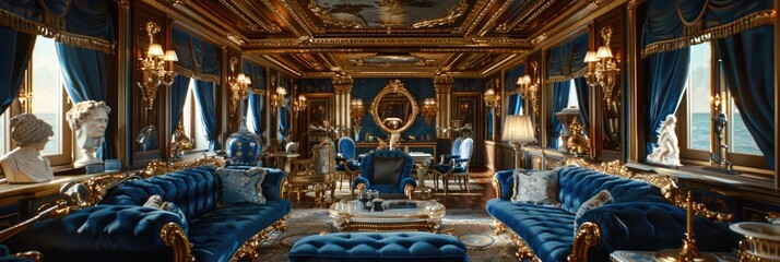 Luxurious Victorian-style salon with royal blue and gold decor