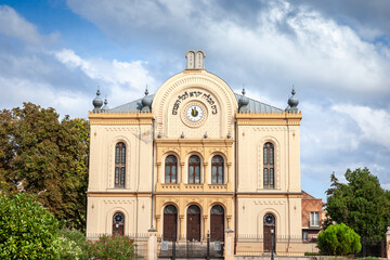 Panorama of the Pecs Synagogue in the center of Pecs with the mention "peace on world" in hebrew. Also called pecsi zsinagoga, it's a jewish monument and landmark of the city.