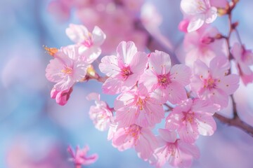 Close-up of delicate pink cherry blossoms aglow under a gentle sunlight with a soft, dreamy blue background, embodying the essence of spring's beauty