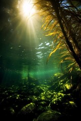 Underwater tropical forest with sunlight shining through
