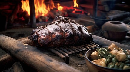 Delicious roasted meat on a wooden board near a fireplace