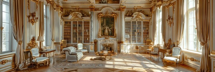 Ornately adornOrnately adorned French Rococo library with delicate ivory and gold palette,