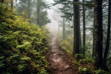 Obraz premium Misty forest path through lush green foliage