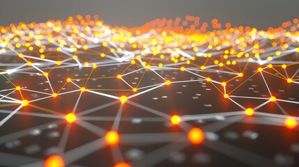 An abstract depiction of neon orange and yellow dots connected by white glowing lines over a dark grey canvas forming an expansive plexus pattern with a focused area for text in the lower left