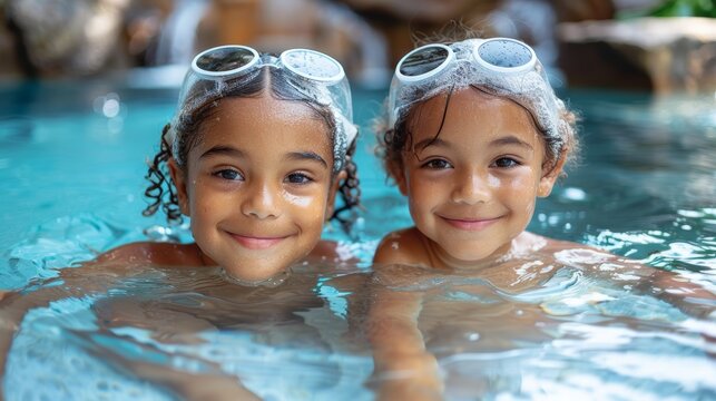 Two young children smiling joyfully while wearing swimming goggles, partially submerged in a clear blue swimming pool, depicting a moment of carefree summer fun