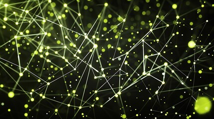 An abstract depiction of neon yellow dots linked by white glowing lines over a deep black canvas forming an expansive plexus pattern with a clear area for adding text