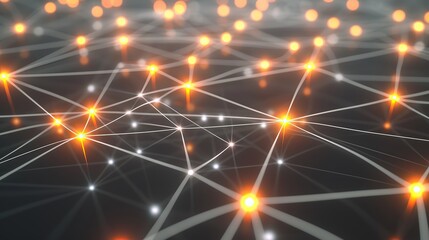 An abstract depiction of neon orange and yellow dots connected by white glowing lines over a dark grey canvas forming an expansive plexus pattern with a focused area for text in the lower left