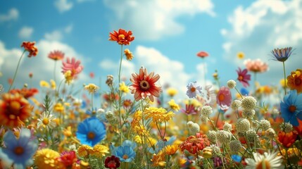Obraz premium A breathtaking view of a vibrant collection of various flowers blooming under a clear sky flecked with white clouds, showcasing nature's colorful palette