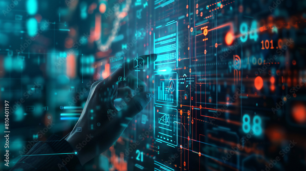 Wall mural robot hand pressing on virtual digital screen big data connection technology ai machine learning ide