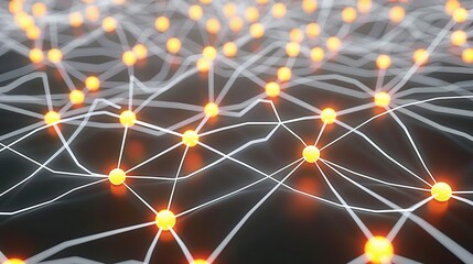 An abstract depiction of neon orange and yellow dots connected by white glowing lines over a dark grey canvas forming an expansive plexus pattern with a focused area for text in the lower left
