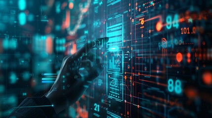 robot hand pressing on virtual digital screen big data connection technology AI machine learning idea concept 