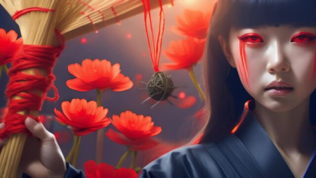 A young woman with striking red eyes and face paint holds a broom adorned with red string. A spiky ball dangles ominously, while red poppies bloom in the background. 